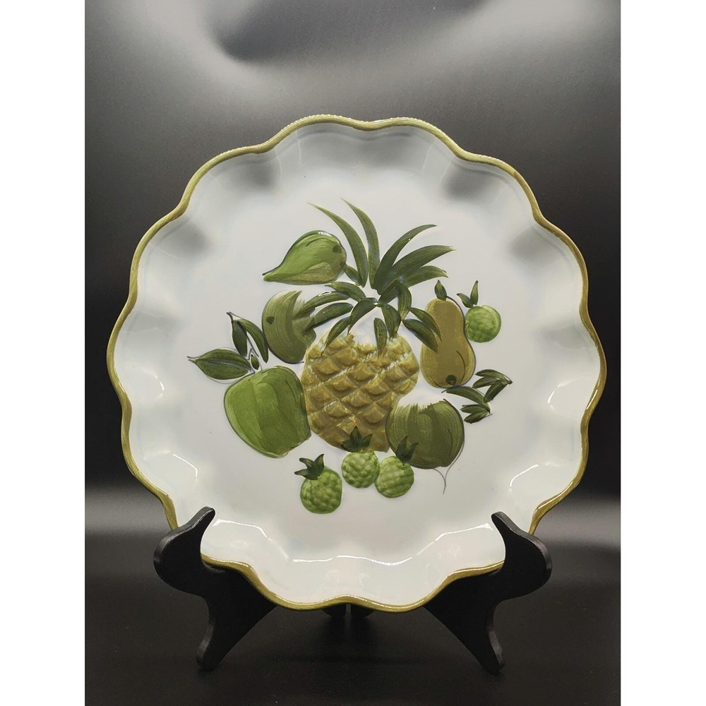 Vintage Los Angeles Pottery Platter Tray Pineapple Fruit Green Retro Apple 13"